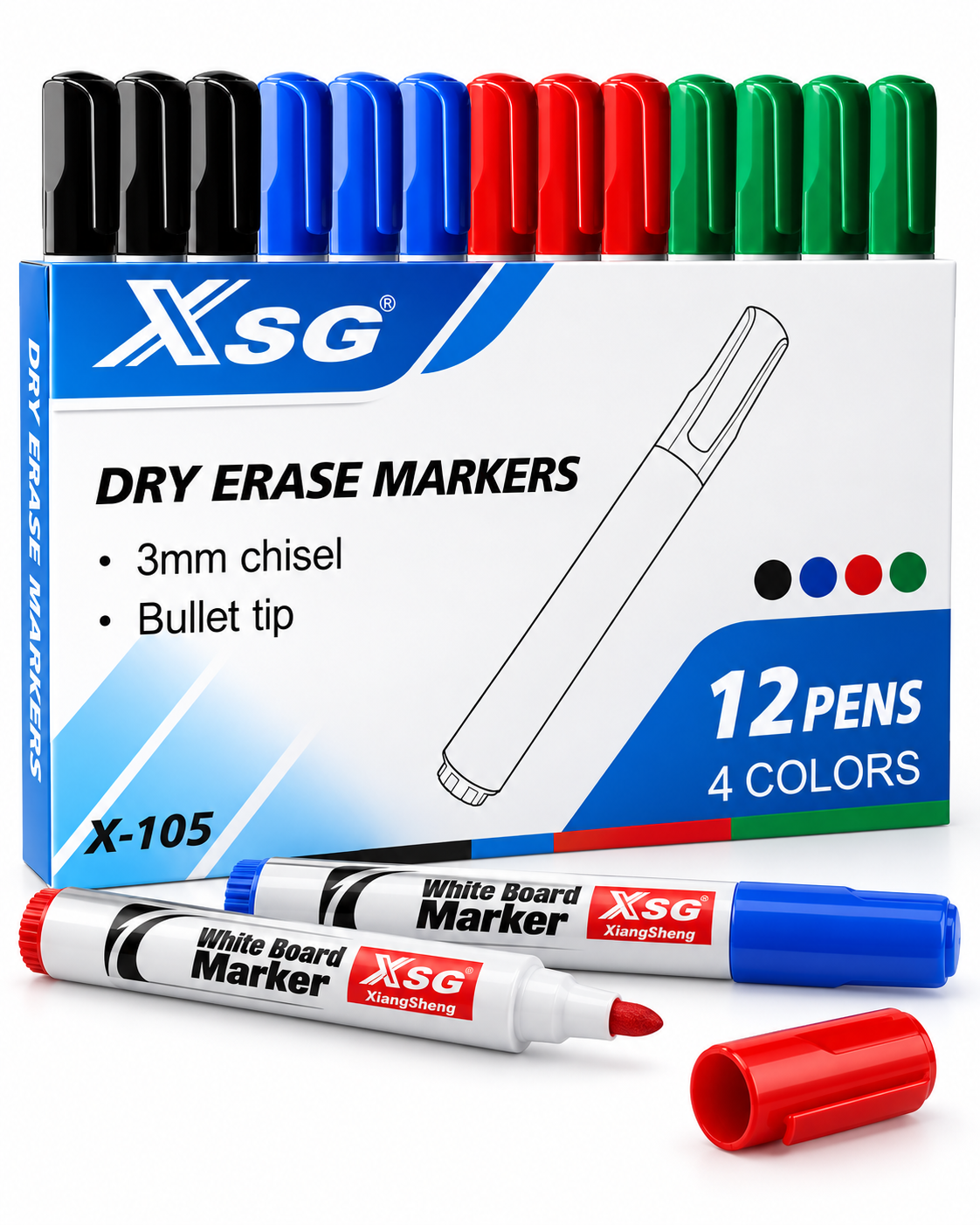 Lot de 12 marqueurs pour tableau blanc XSG – 4 couleurs