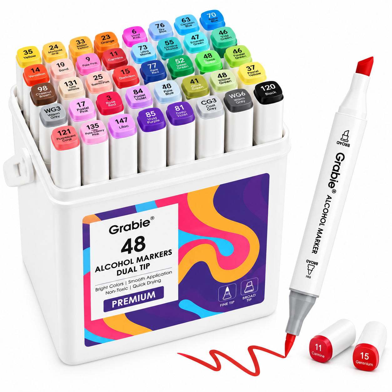 Coffret de 48 marqueurs à alcool Grabie – Double pointe