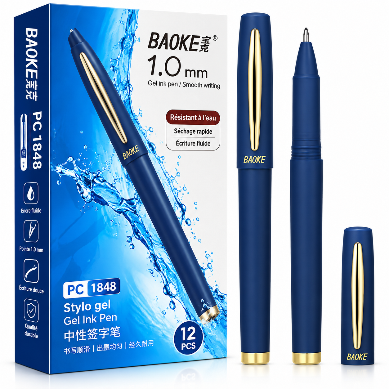 Lot de 12 stylos gel BAOKE PC1848 – 1,0 mm